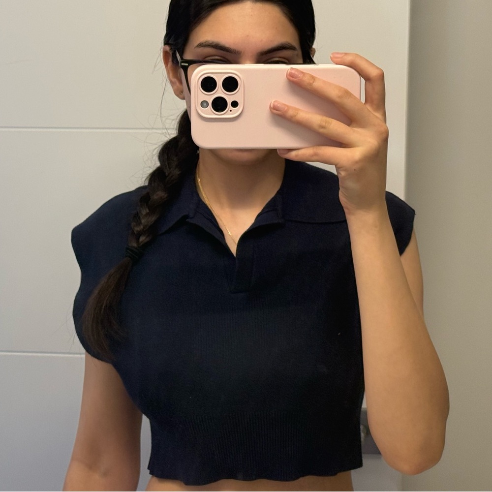 Dynamite Dark Blue Collared Crop Top
